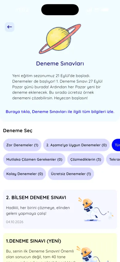 Uygulamada deneme listesi